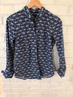 J. Crew Perfect Fit Navy Button-Up Shirt with Teal and White Elephant Print
(B2)